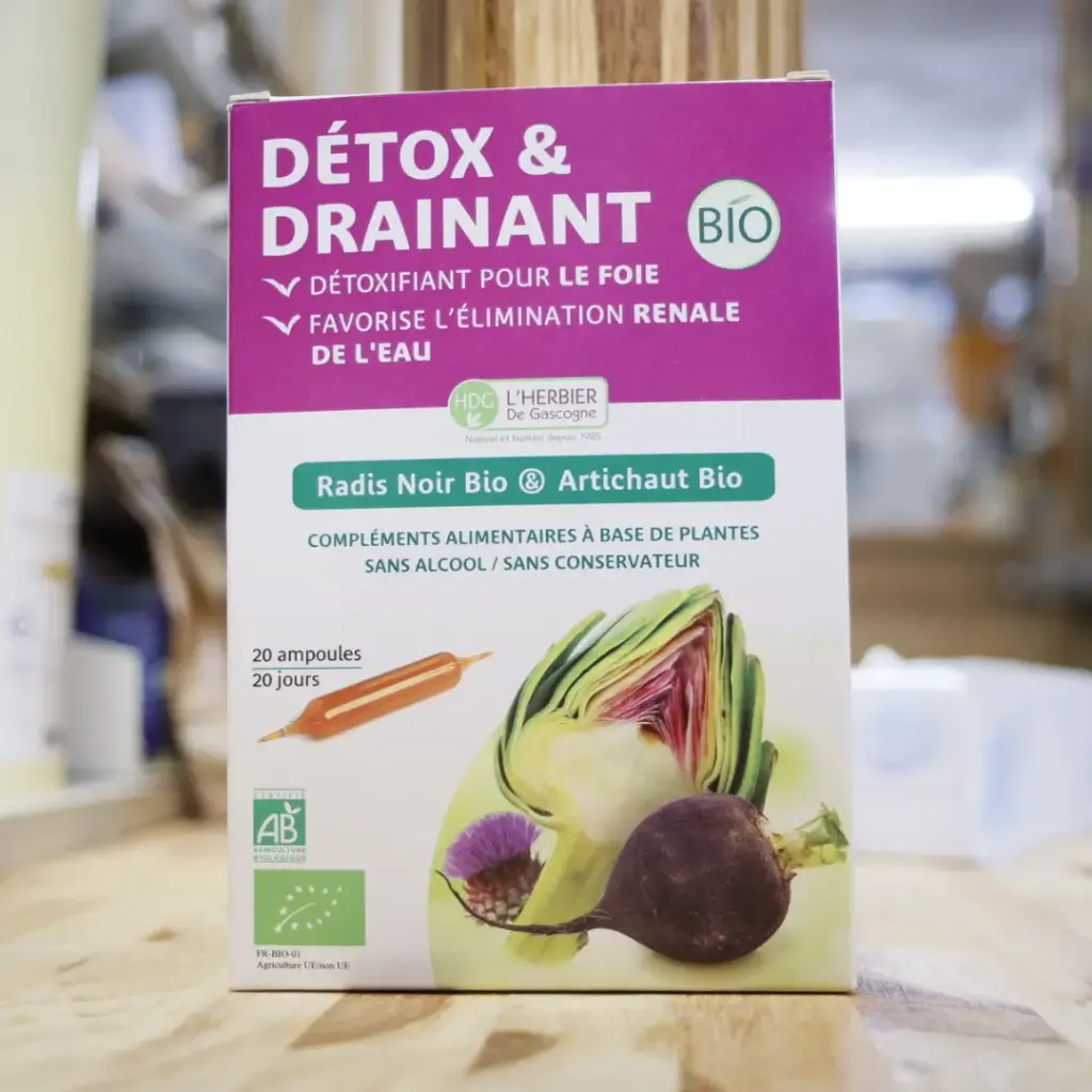 DÉTOX et DRAINANT BIO (artichaut, radis noir) en 20 ampoules en 10 ml Herbier de Gascogne