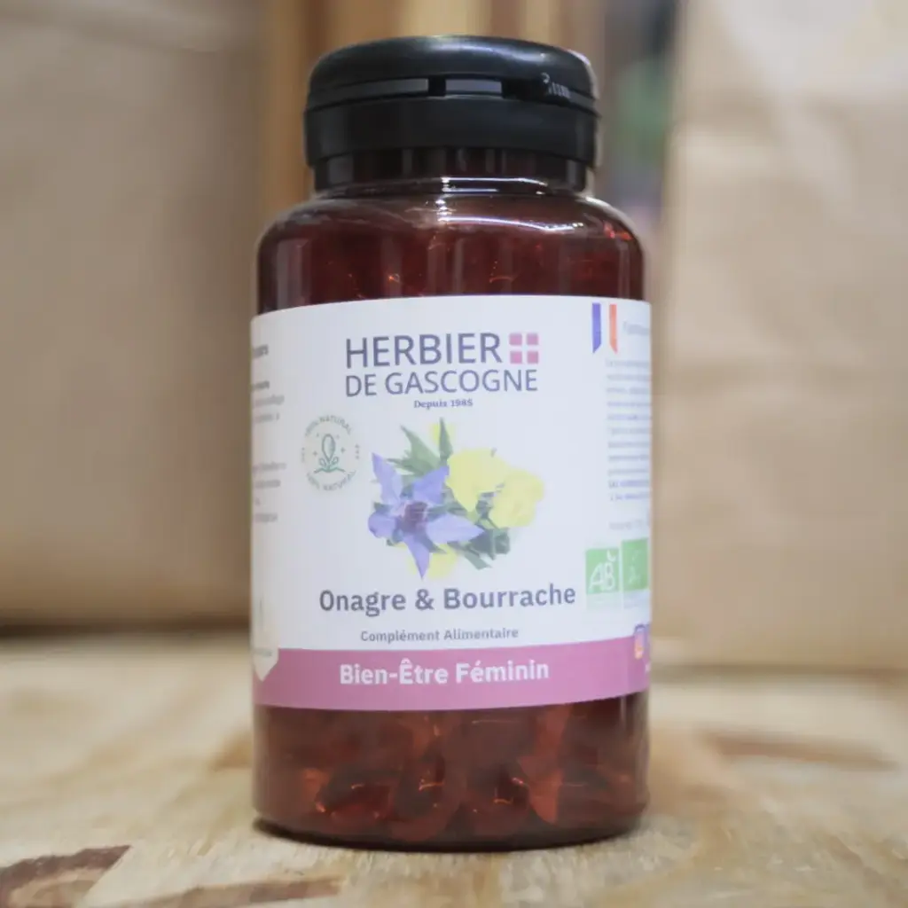 Onagre et Bourrache en 200 gélules végétales en 500 mg/gél Herbier de Gascogne