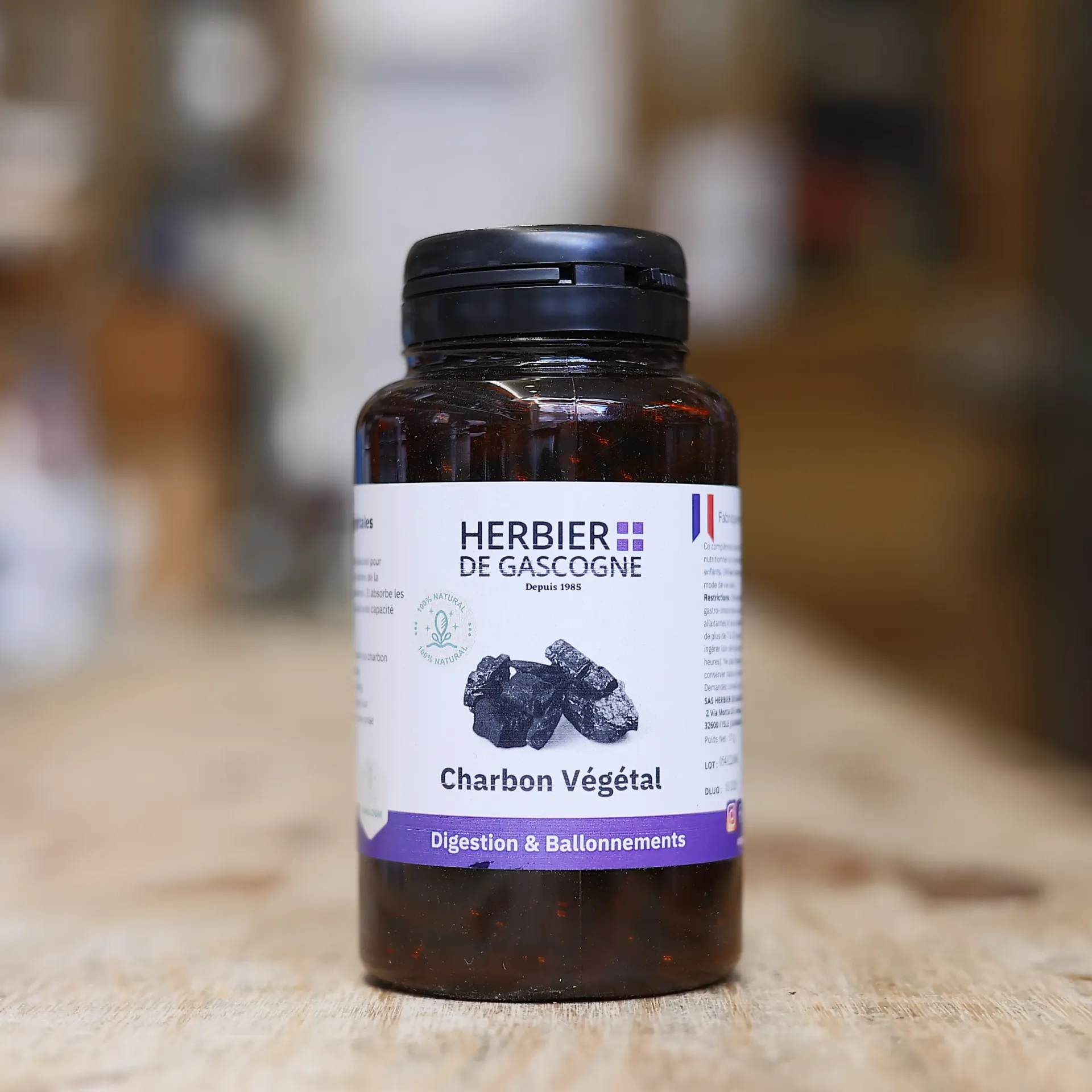 Charbon Végétal 200 gélules en 210 mg/gél. Herbier de Gascogne